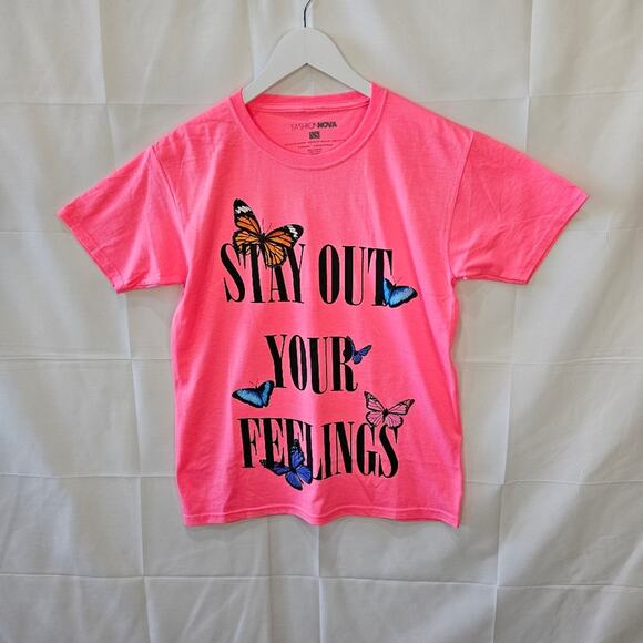 Fashion Nova Neon Pink Short Sleeve Tee Stay Out Your Feelings Size XS - Picture 1 of 6